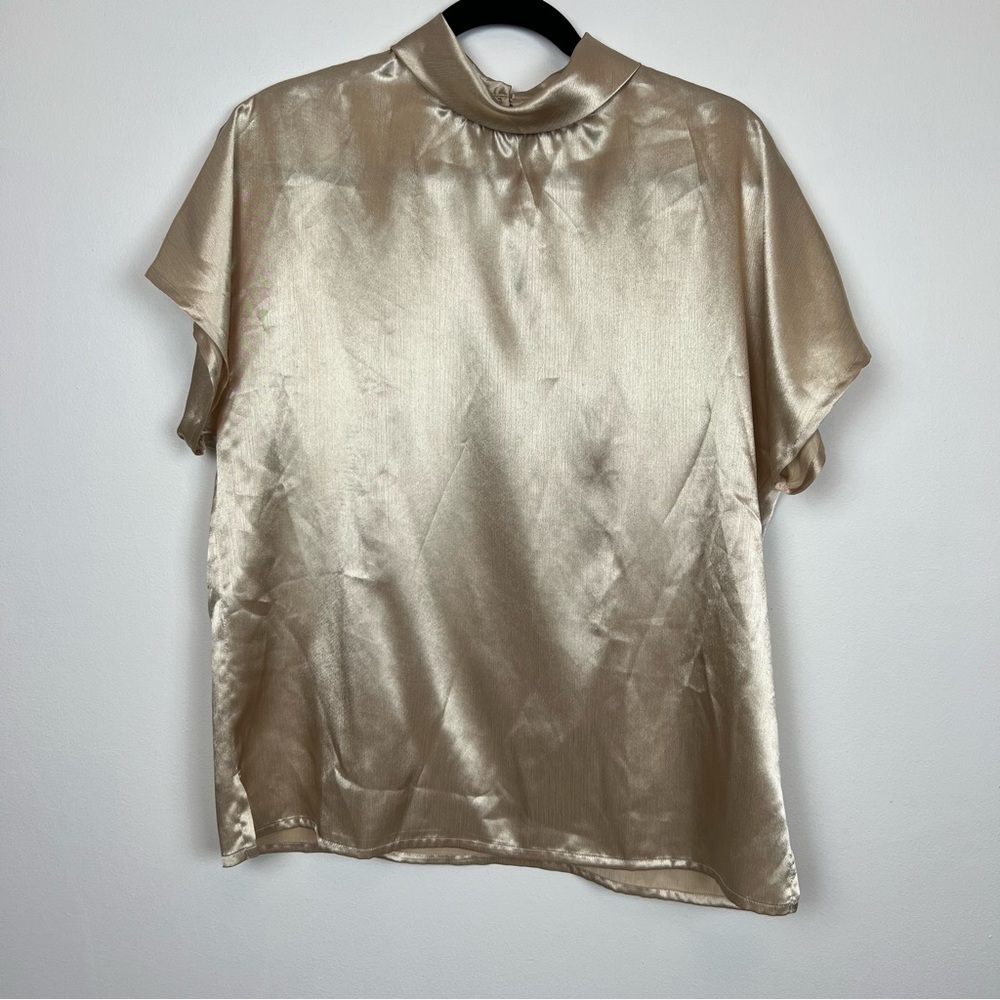 Vintage Y2K Tan Jay Gold Satin Blouse Mock Neck Keyhole Shimmery Metallic Sz Md